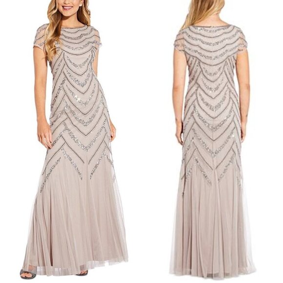 Adrianna Papell Beaded Boat Neck Cap Sleeve Gown - Picture 1 of 7